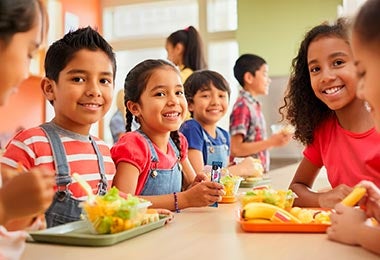 Niños felices en la escuela disfrutando de sus loncheras creativas con frutas y snacks.