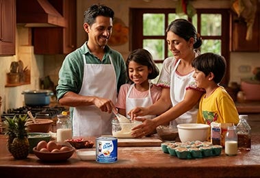 Familia preparando una receta en la cocina con productos La Lechera, una idea para la lonchera.