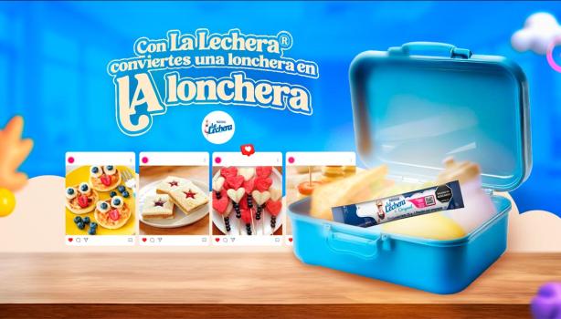 Lonchera azul con alimentos y productos de La Lechera, mostrando ideas para la lonchera escolar creativas y fáciles